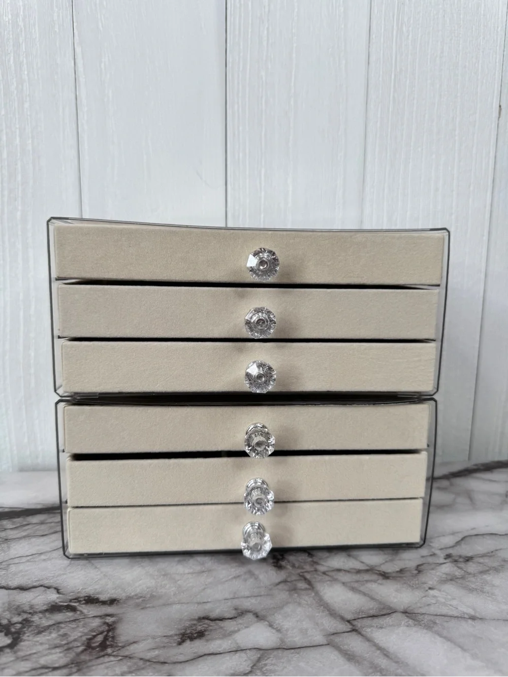 Acrylic Beige Velvet Jewelry Organizer with Crystal Knobs - 3 Drawer | Lot of 2
